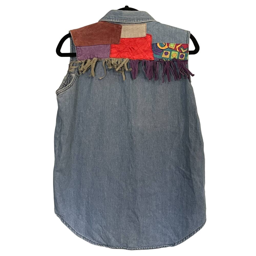 Seruchi Denim Top Sleeveless Button Up‎ Patchwork Fringes Vintage Women’s M